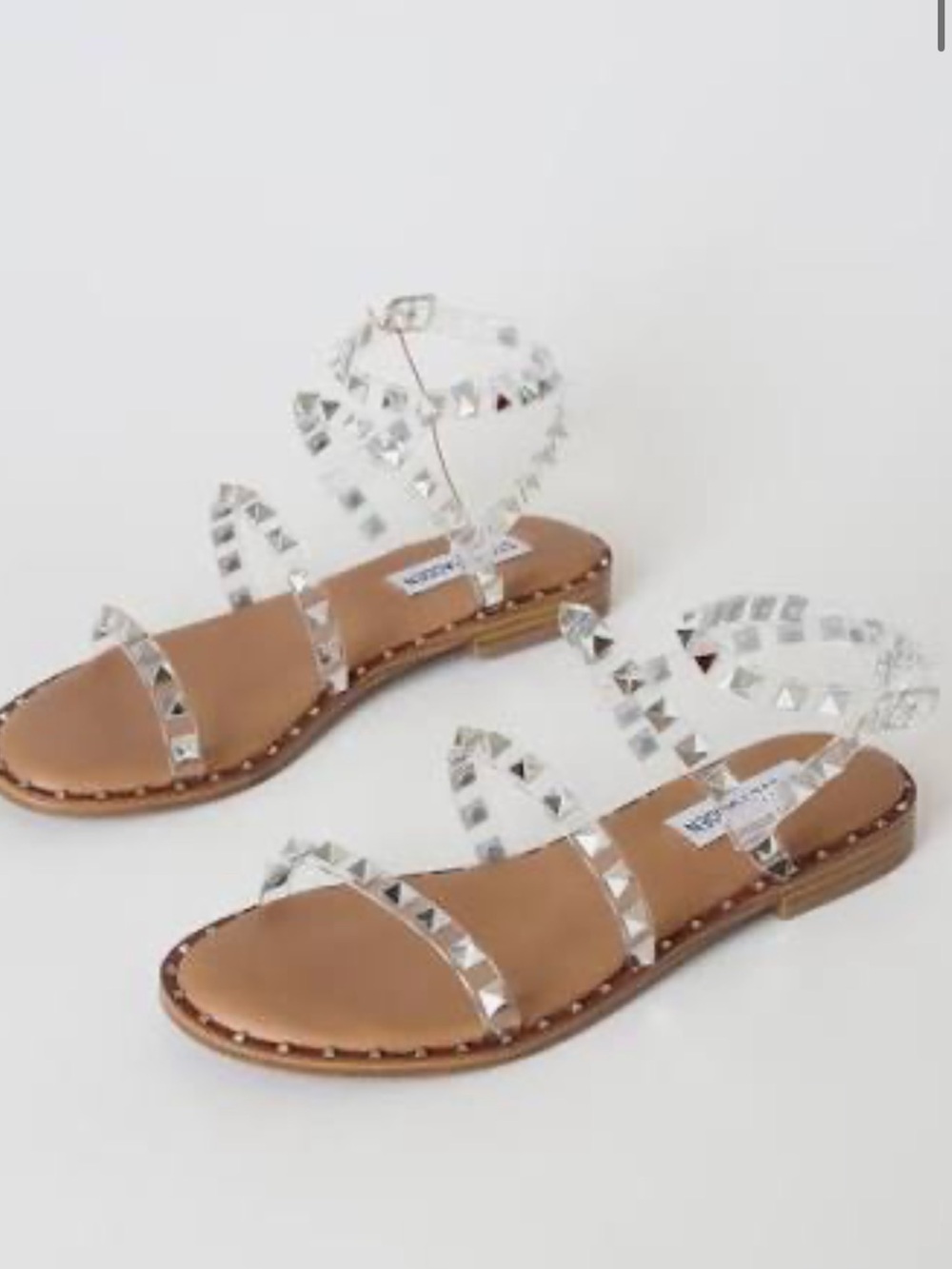 Steve Madden Clear Studded Ankle-Strap Sandal with Tan Footbed